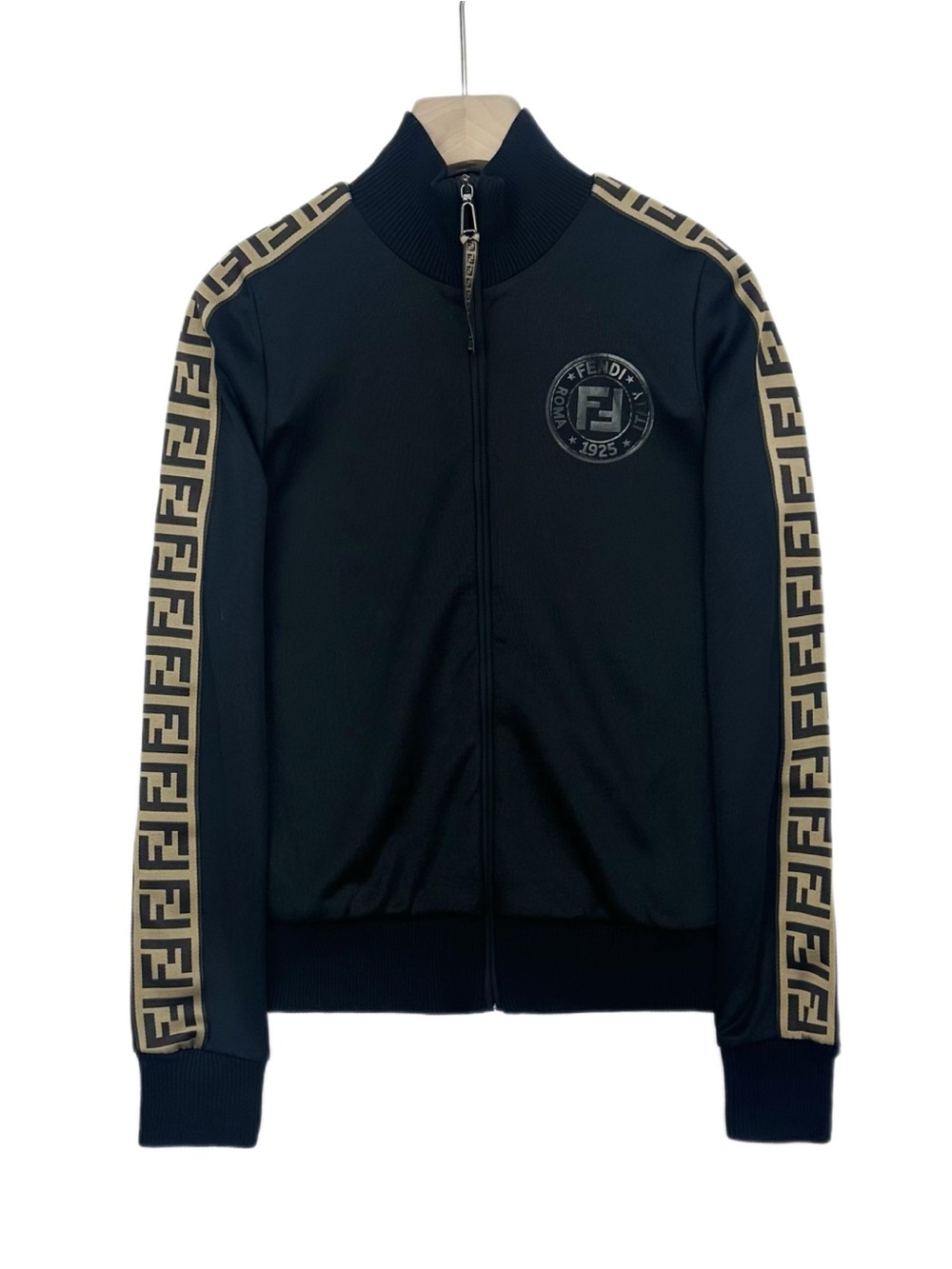 Fendi Black Track Bomber Jacket with Tan FF Logo Tape